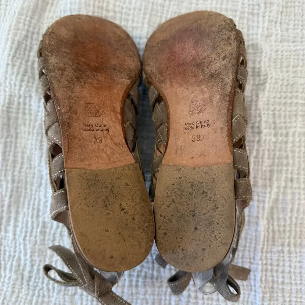 Navyboot Sandals Size 39 Tan Suede Leather Basket Weave Gladiator Ankle Tie